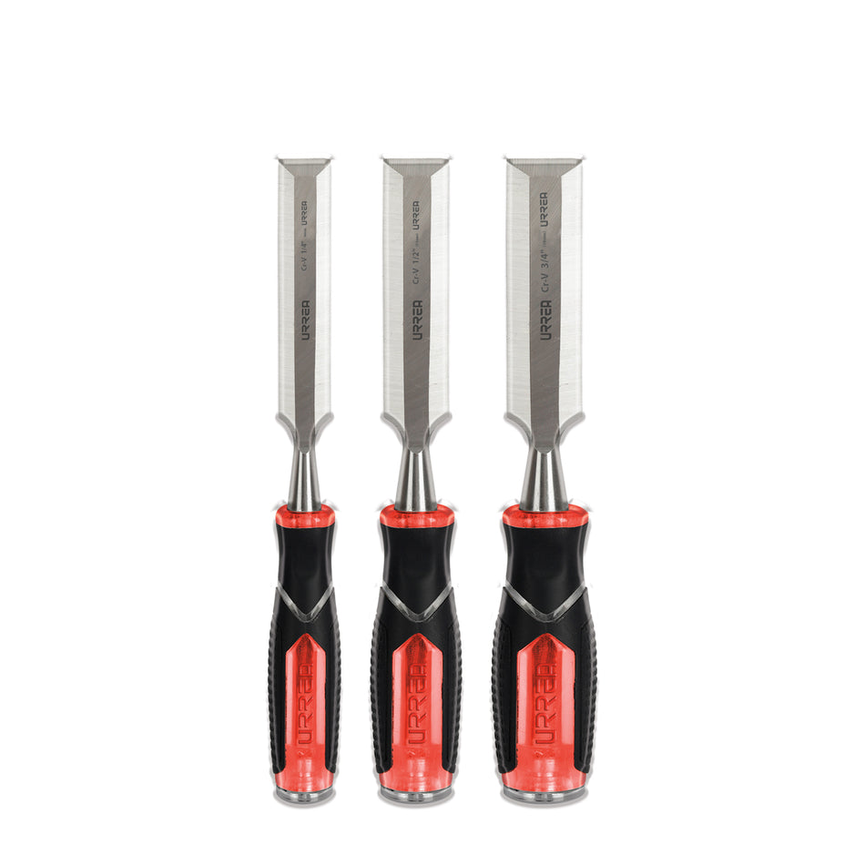 Juego de formones para madera con mango bimaterial 1/4", 1/2" y 3/4", 3 piezas Urrea JFO3