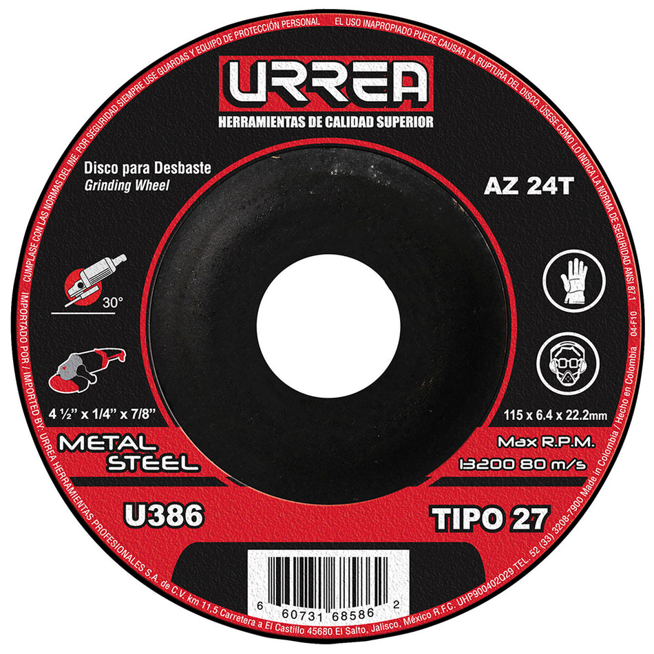 Disco abrasivo tipo 27 para metal 4-1/2" x 1/4" Urrea U386