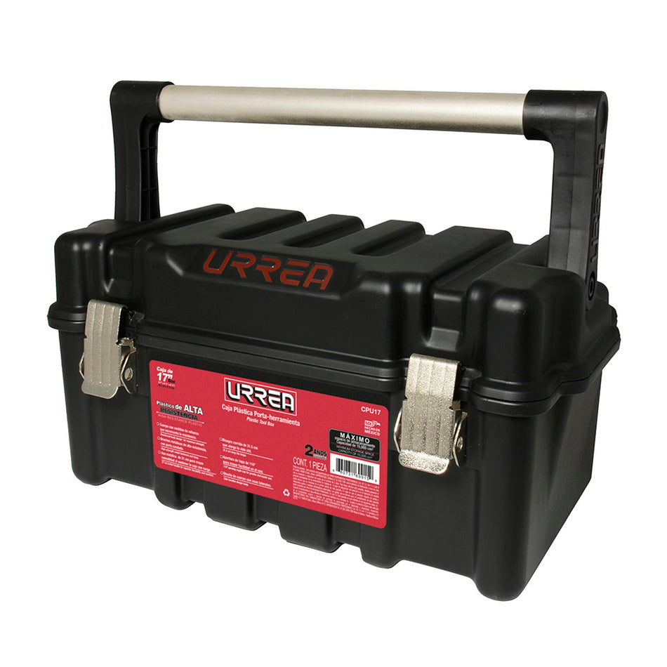 Caja portaherramientas plástica con broches metálicos color negro 17" x 9" x 8" Urrea CPU17