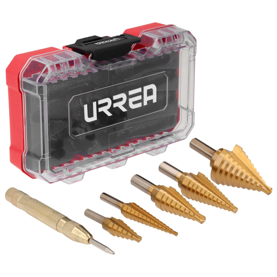 Juego de brocas escalonadas y punzón central automático, 6 piezas, URREA JIM8