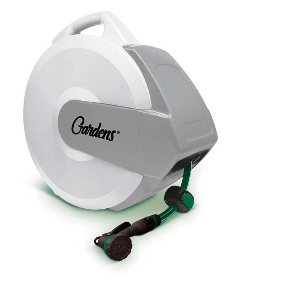 Carrete retráctil con manguera para jardín (25 mts y pistola) , MIKELS