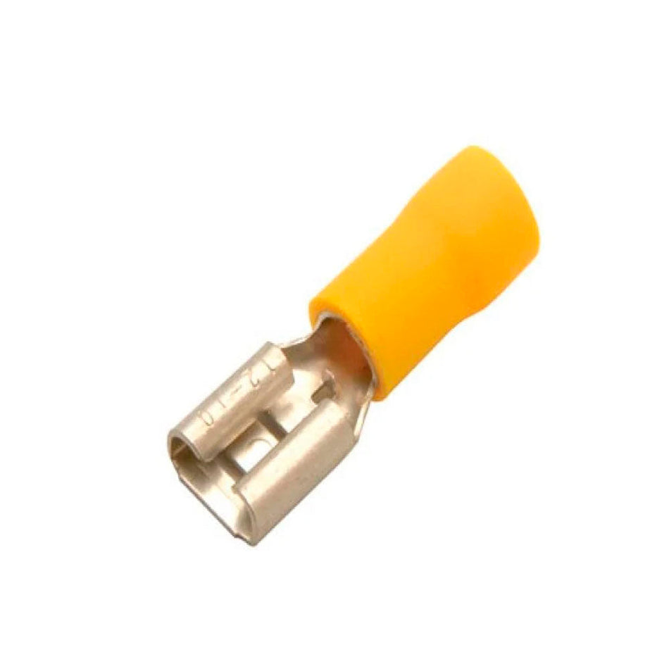 TERMINAL DE LATON TIPO FASTON HEMBRA CON FORRO AMARILLO(PRECIO X PIEZA EMPAQUE CON 100 PIEZAS) STEREN TFAA-1/4L