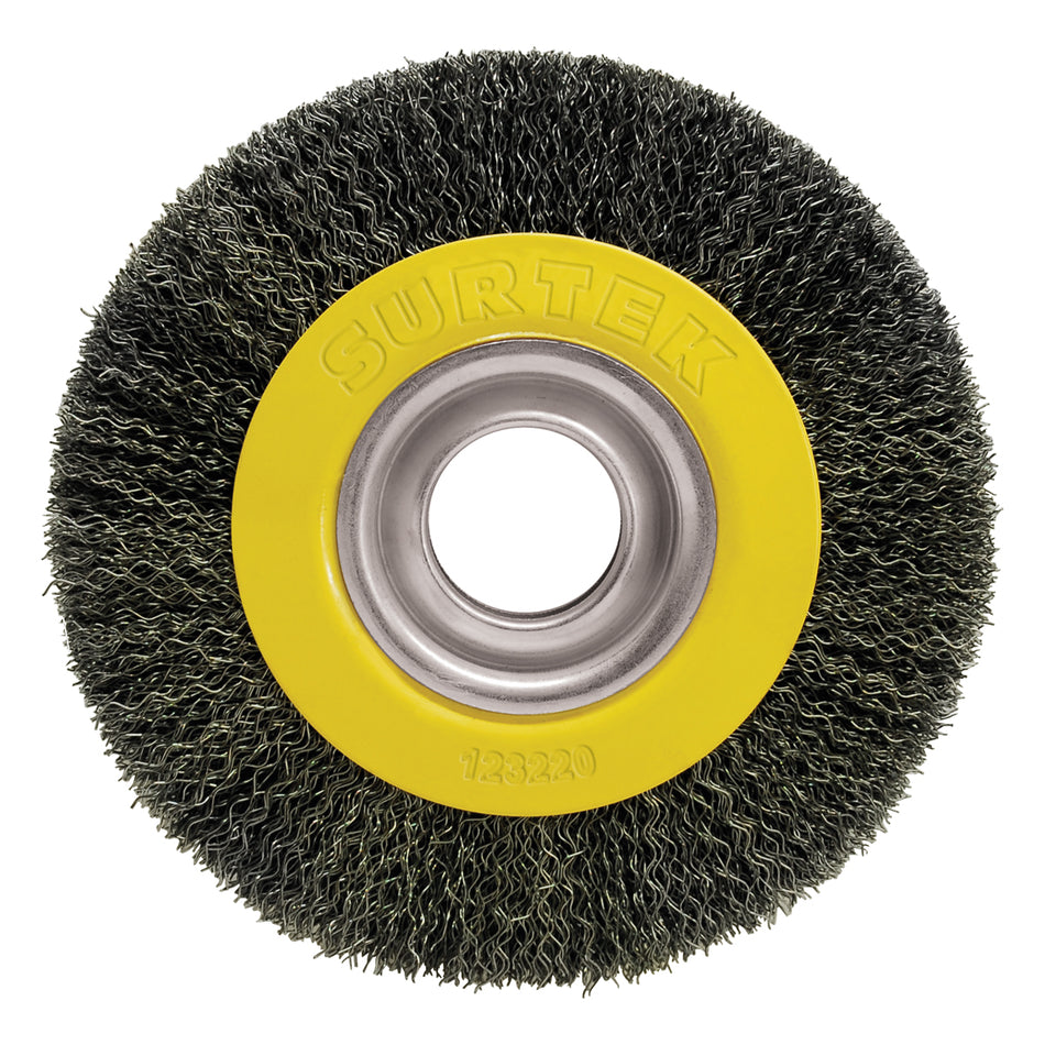 Carda circular ondulada alambre delgado para esmeril 6" x 0.35mm, 28mm espesor y adaptador Surtek C543