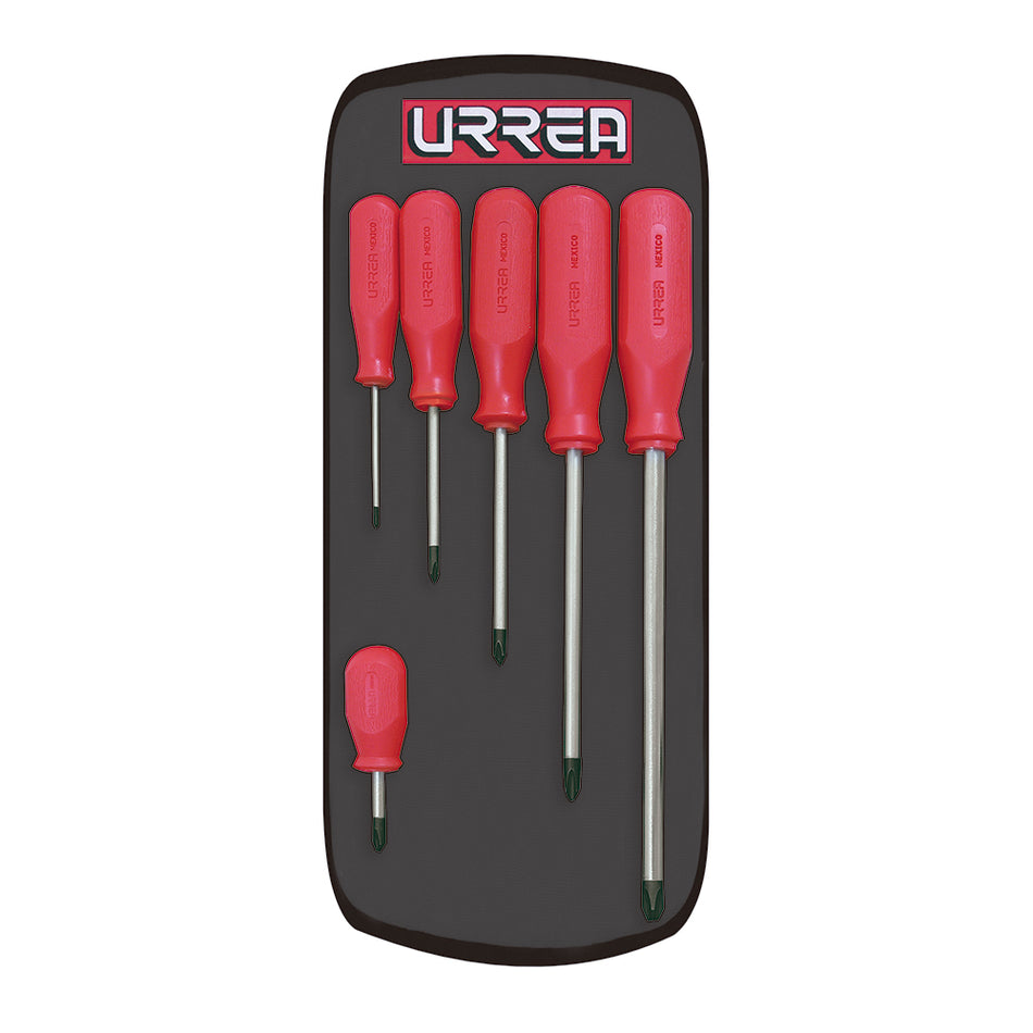 Juego de destornilladores con mango rojo, punta Phillips, 6 piezas en estuche Urrea 9600AR