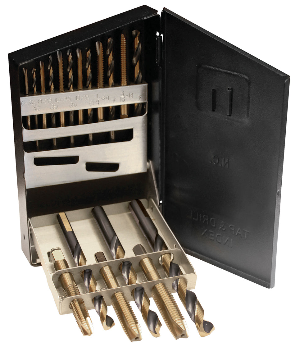 Juego de brocas premium y machuelos de acero de alta velocidad, 18 piezas en caja metálica Urrea H5118MC
