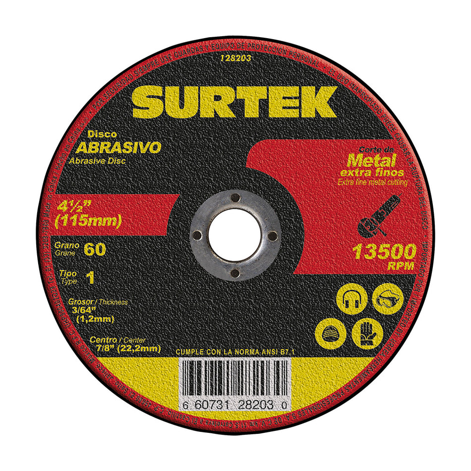 Disco abrasivo tipo 1 para metal 4-1/2" x 1.2 mm Surtek 128203