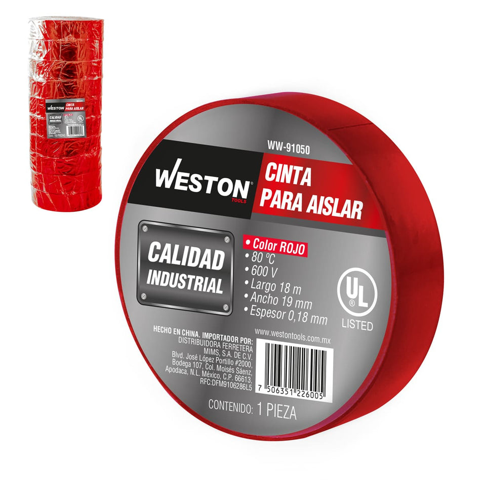 CINTA PARA AISLAR 18 m X 19 mm COLOR ROJ
