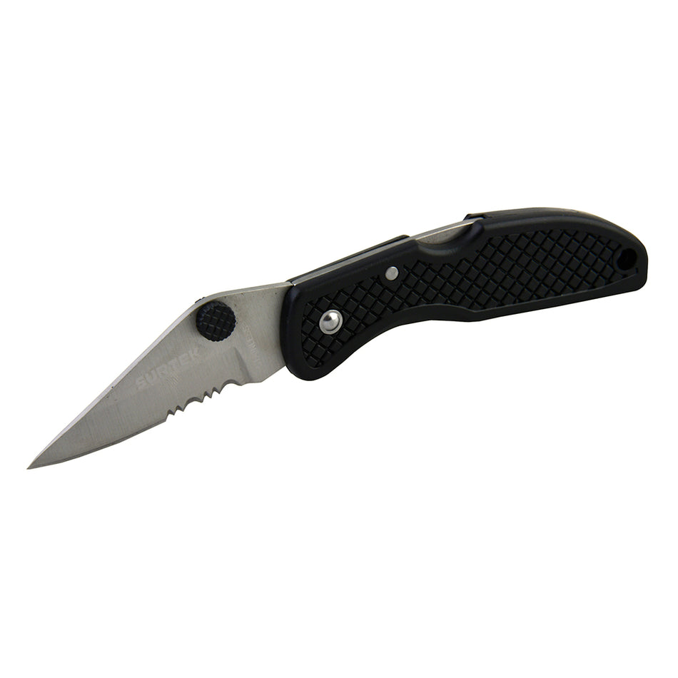 Navaja abatible de acero inoxidable con mango de plástico hoja dentada de 2-3/4" Surtek 120550