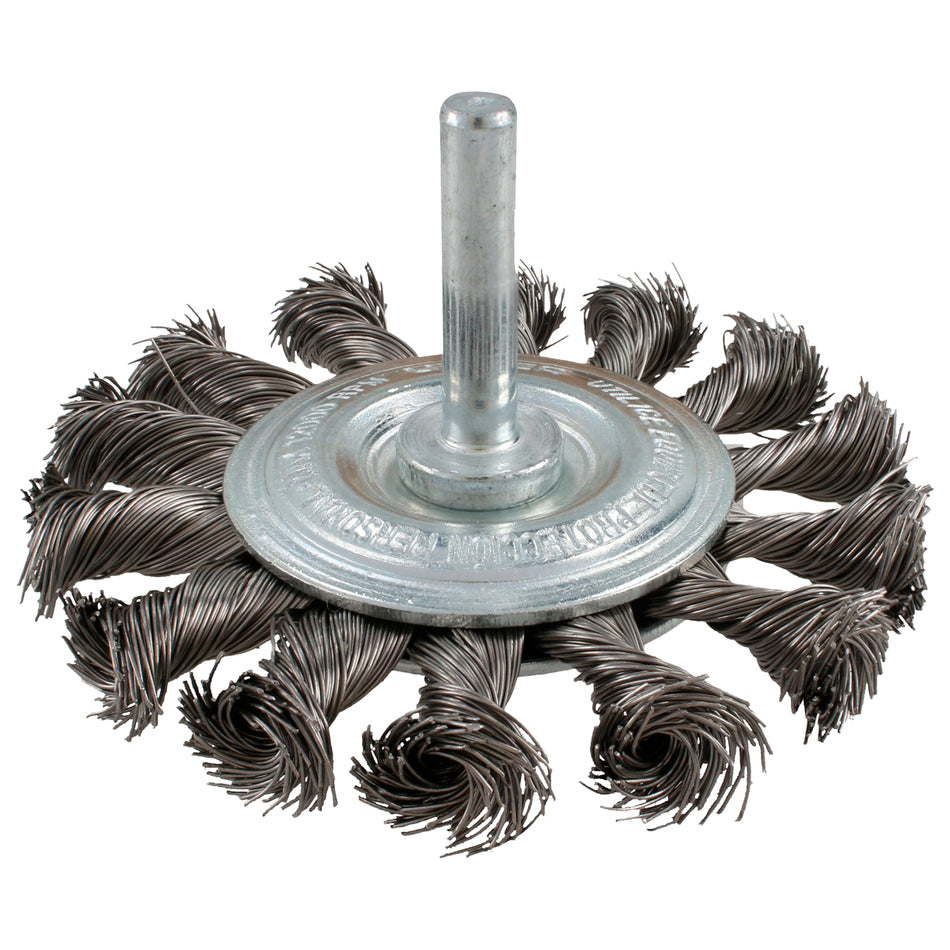 Carda circular trenzada alambre delgado de acero inoxidable 3" x 0.35 mm con zanco 1/4" Urrea C960