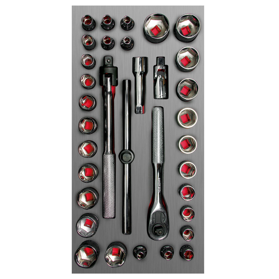 Juego de dados cortos y accesorios cuadro de  3/8" combinados 34 piezas, CH104L-C Urrea CH104L