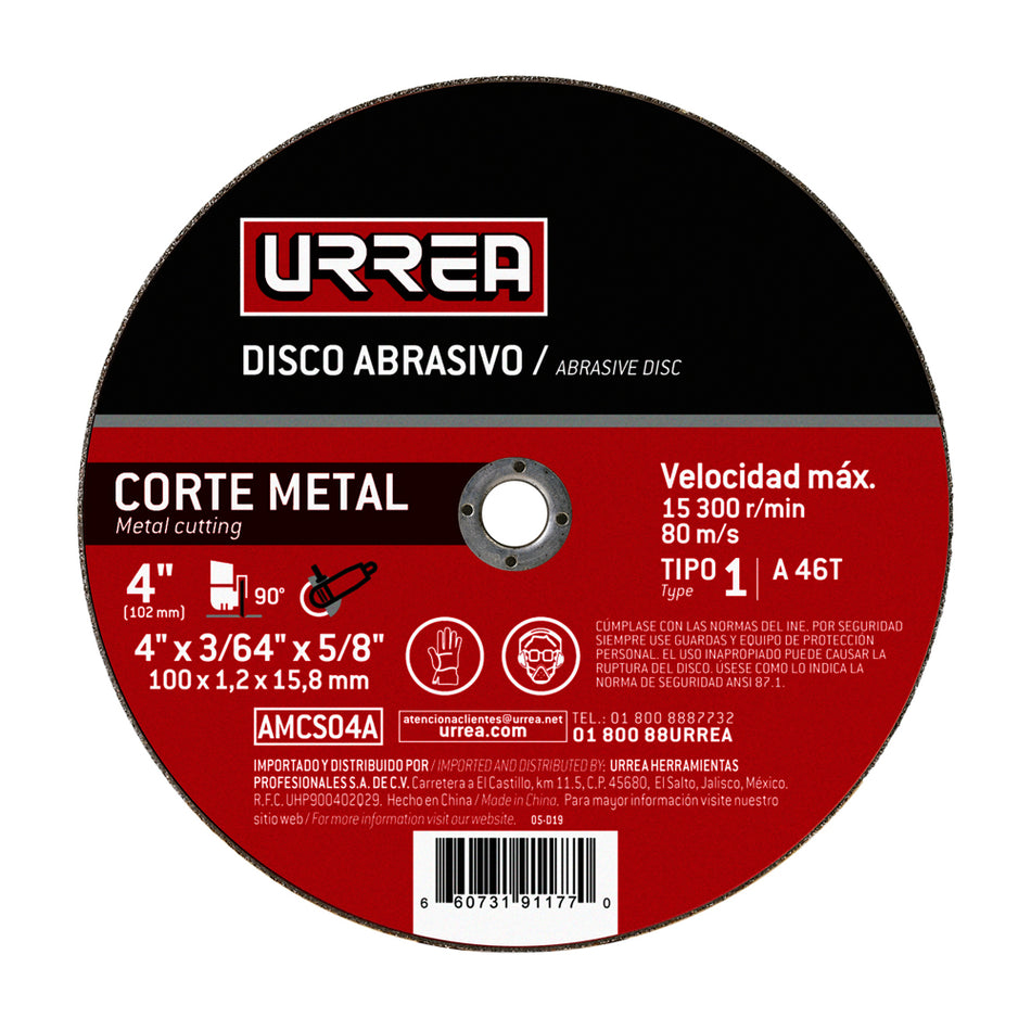 Disco abrasivo tipo 1 para metal 4" x 3/64" Urrea AMCS04A