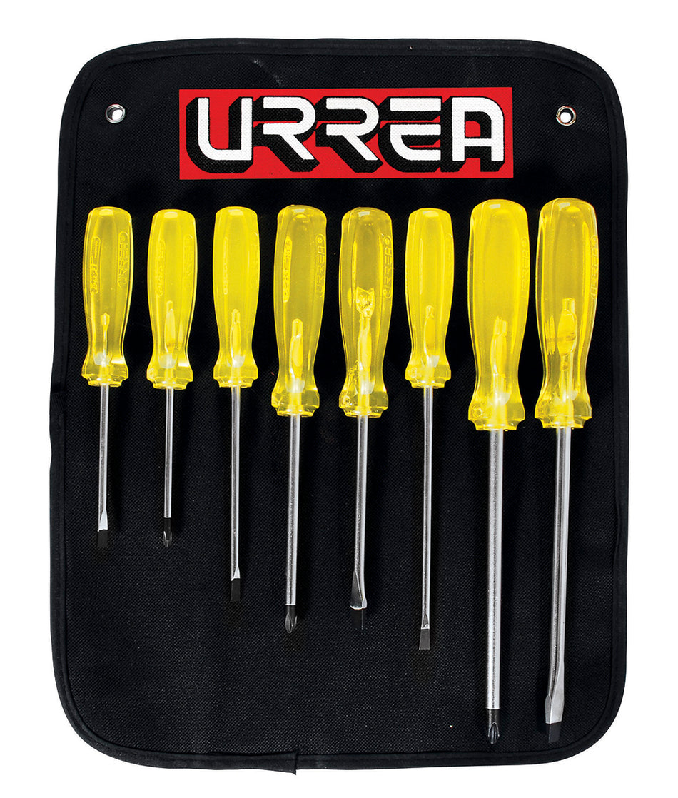 Juego de destornilladores con mango ámbar combinados, 8 piezas en estuche Urrea 9600D