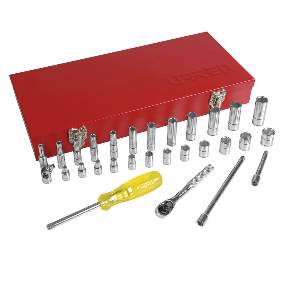 Juego de dados y accesorios cuadro de 1/4" métrico, 30 piezas Urrea 47206