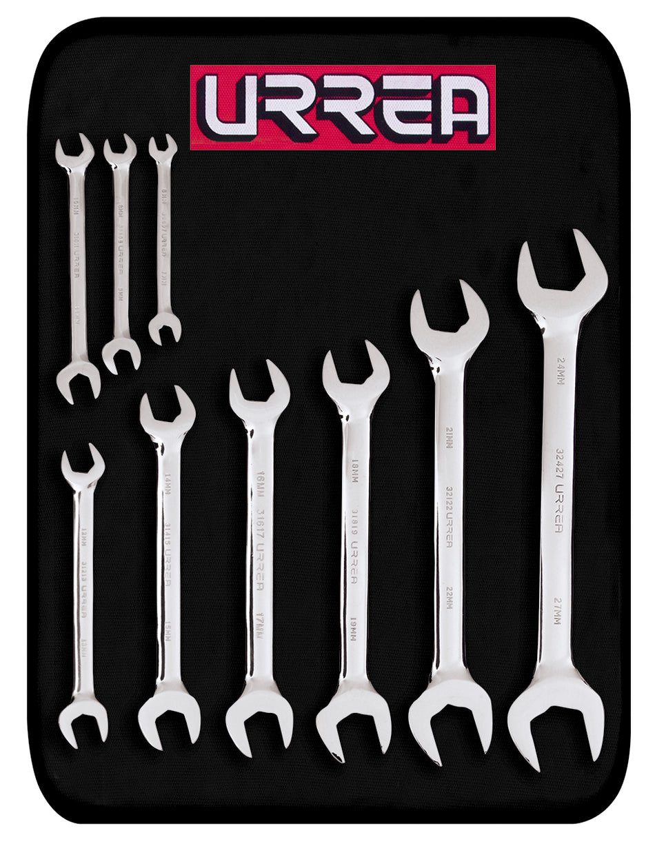 Juego de llaves españolas pulido espejo métricas, 9 piezas en estuche Urrea 30000RM