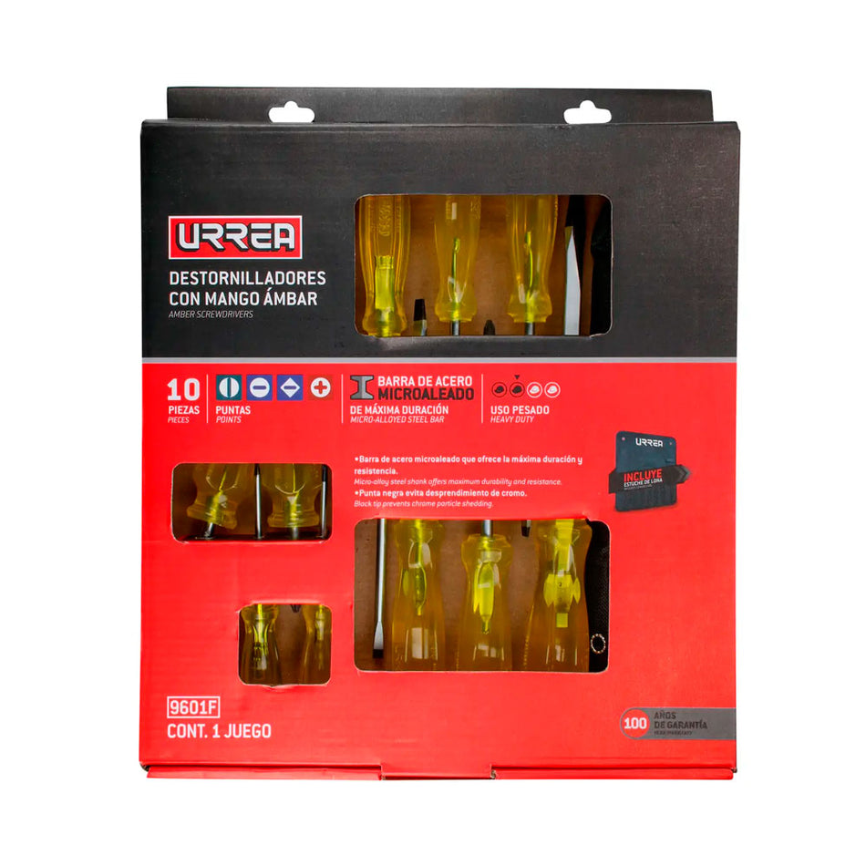 Juego de destornilladores con mango ámbar combinados, 10 piezas en caja de cartón Urrea 9601F