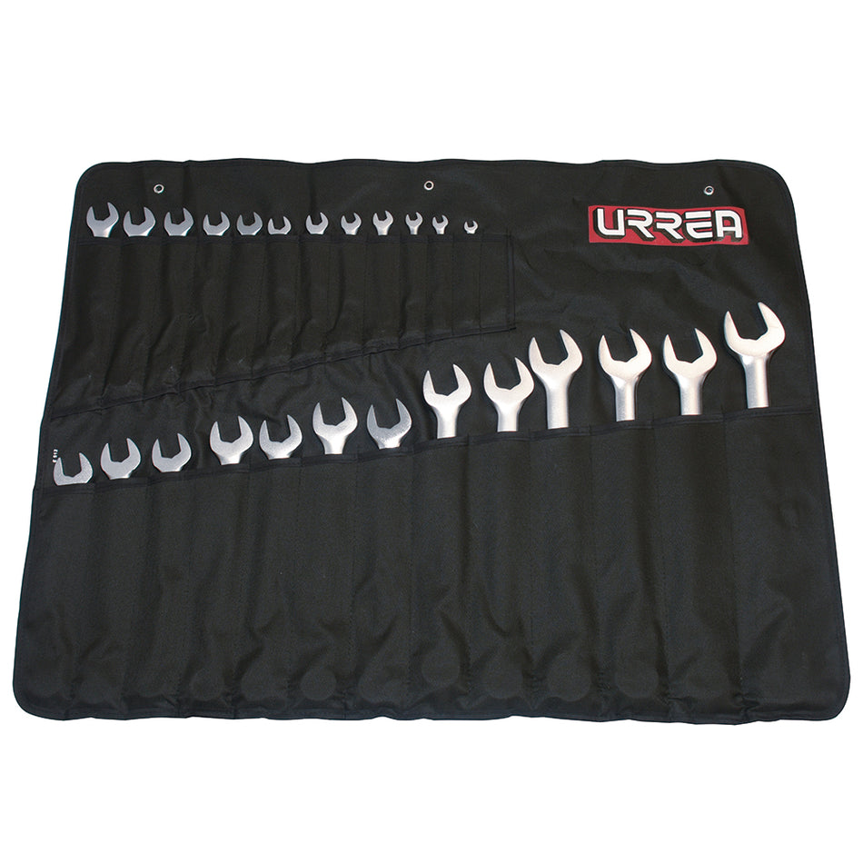 Juego de llaves combinadas satinadas métricas, 12 puntas, 25 piezas en estuche Urrea 1200QMA