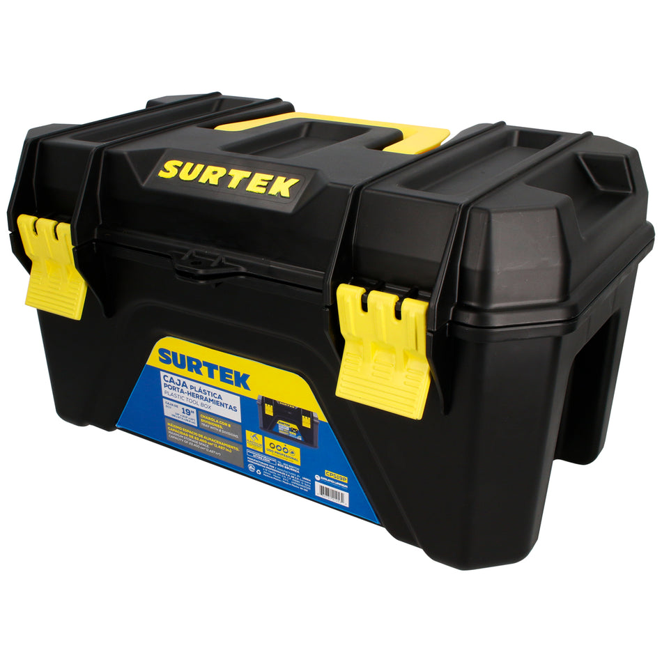 Caja portaherramientas plástica con broches plásticos y charola color negro 19" x 10" Surtek CPS19P