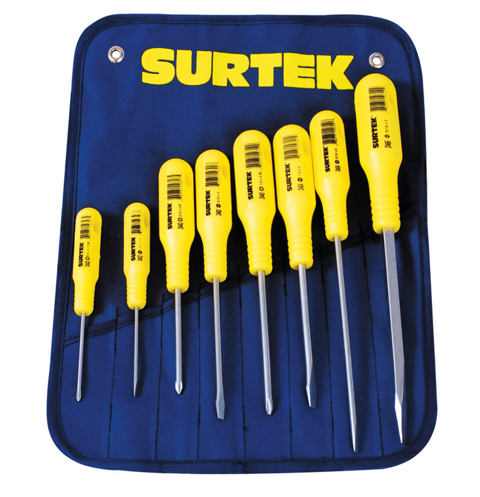 Juego de destornilladores con mango amarillo combinados, 8 piezas en estuche Surtek D400B