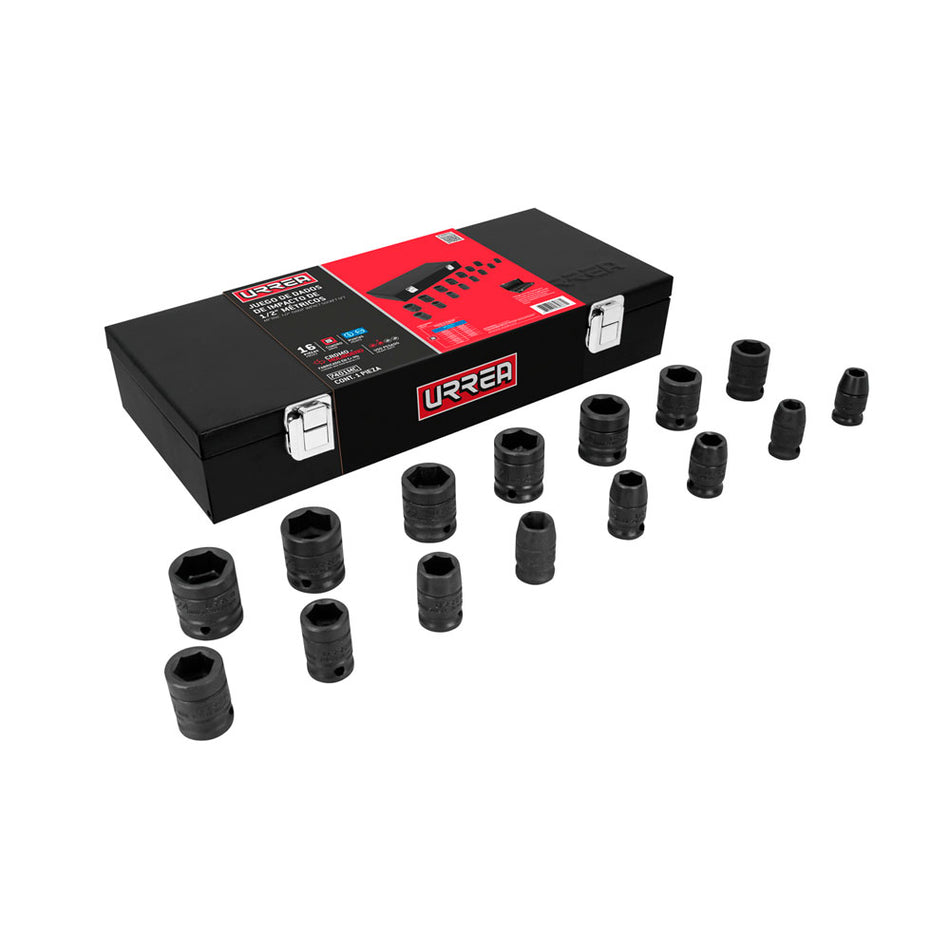 Juego de dados de impacto cuadro de 1/2", 6 puntas, métricos, 15 piezas Urrea 7401MC
