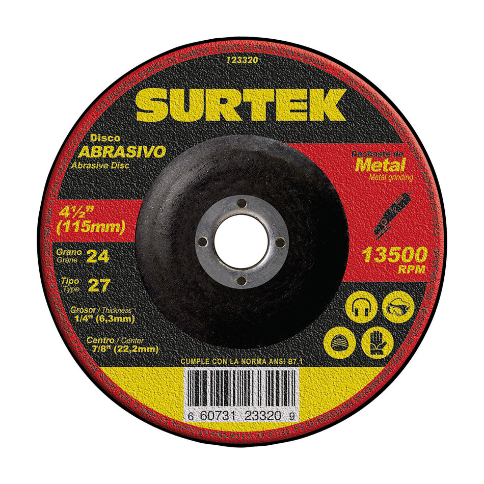 Disco abrasivo tipo 27 para metal 4-1/2" x 1/4" Surtek 123320