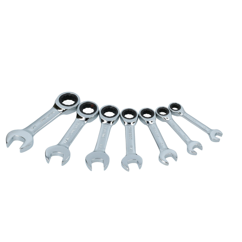 Juego de llaves combinadas cortas pulido espejo de matraca en pulg, 12 puntas,7 pz en rack Surtek 100576
