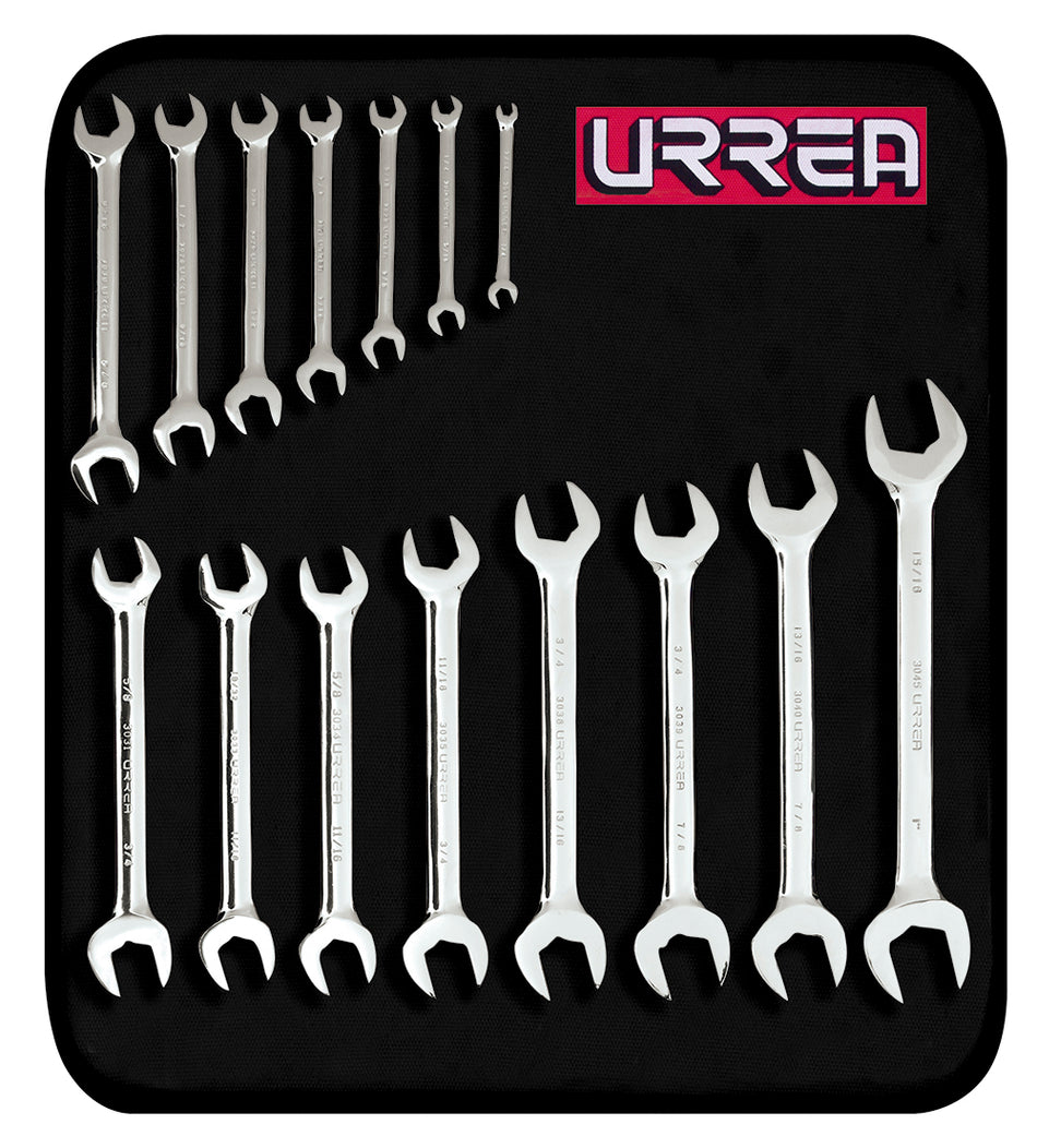 Juego de llaves españolas pulido espejo en pulgadas, 15 piezas en estuche Urrea 3000G