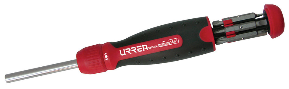 Destornillador con mango tipo revólver de matraca con puntas intercambiables 15 en 1 Urrea 9315MM