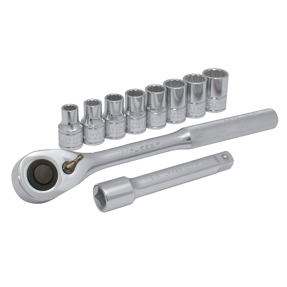 Juego de dados y accesorios cuadro de 1/2" métrico, 10 piezas Urrea JBUA01M