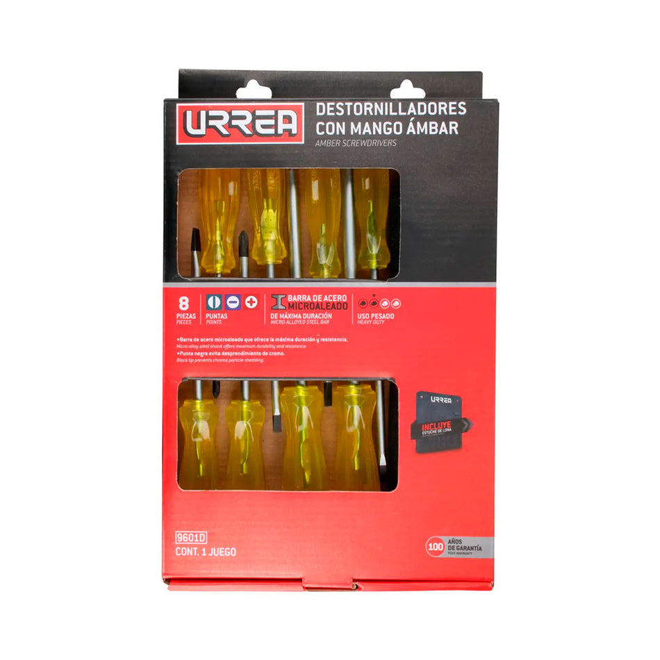 Juego de destornilladores con mango ámbar combinados, 8 piezas en caja de cartón Urrea 9601D