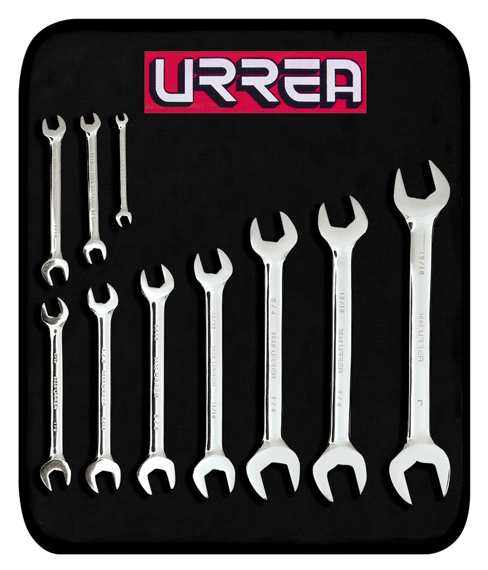 Juego de llaves españolas pulido espejo en pulgadas, 10 piezas en estuche Urrea 3000D