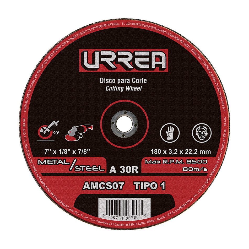 Disco abrasivo tipo 1 para metal 7" x 1/8" Urrea AMCS07