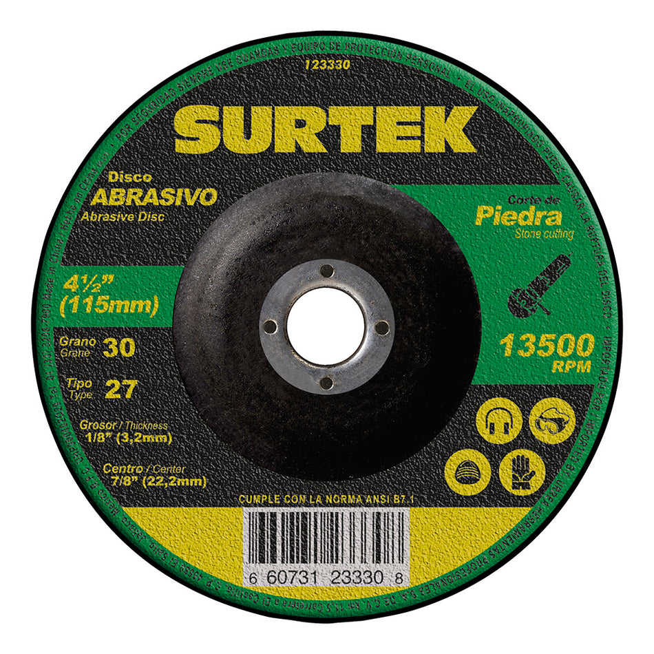 Disco abrasivo tipo 27 para piedra 4-1/2" x 1/8" Surtek 123330