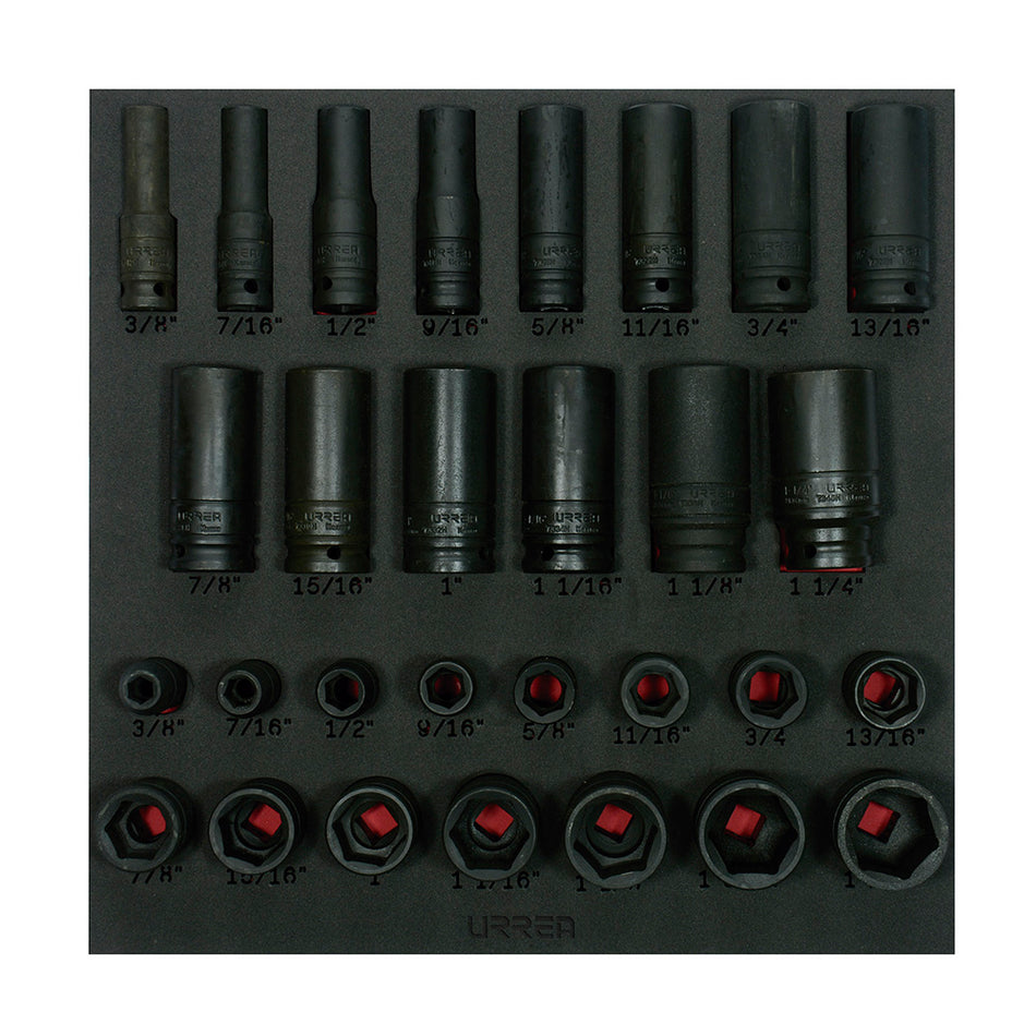 Juego de dados de impacto cortos y largos en pulgadas cuadro de 1/2" 29 piezas, CH218-C Urrea CH218