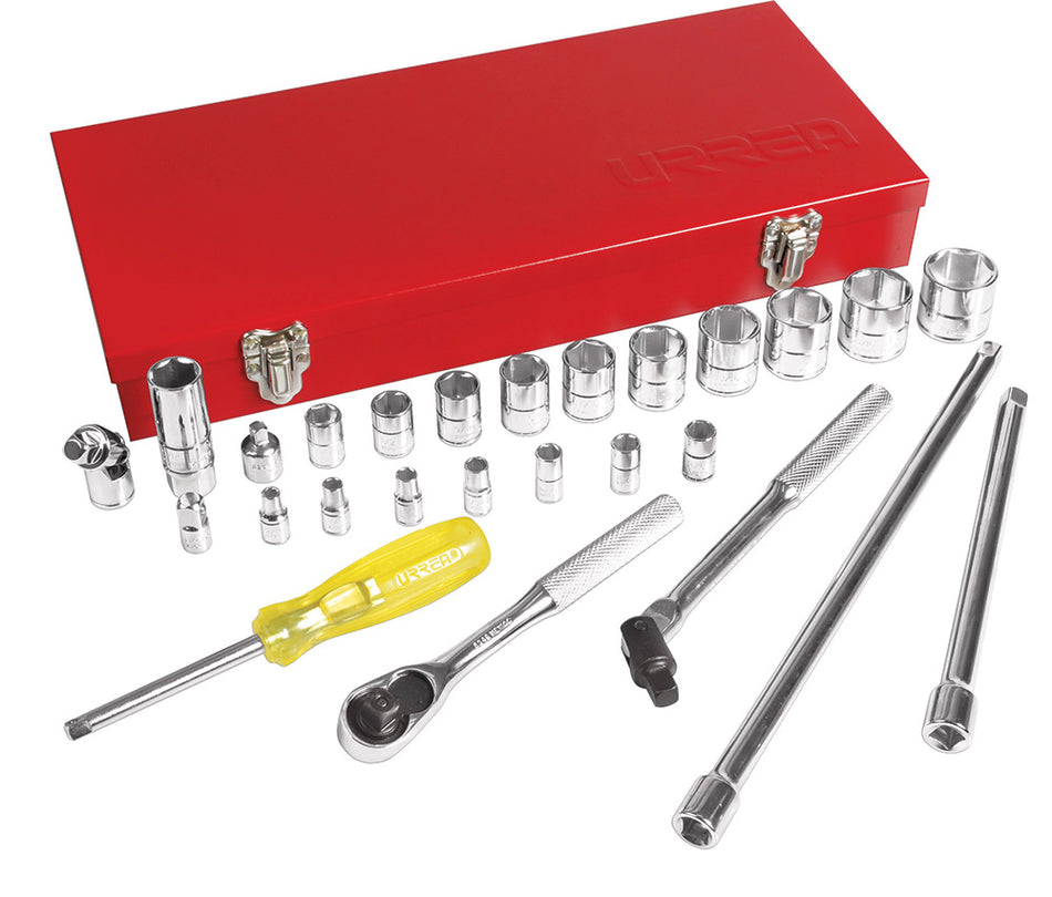 Juego de dados y accesorios cuadro de 1/4" y 3/8" en pulgadas, 27 piezas Urrea 5200A