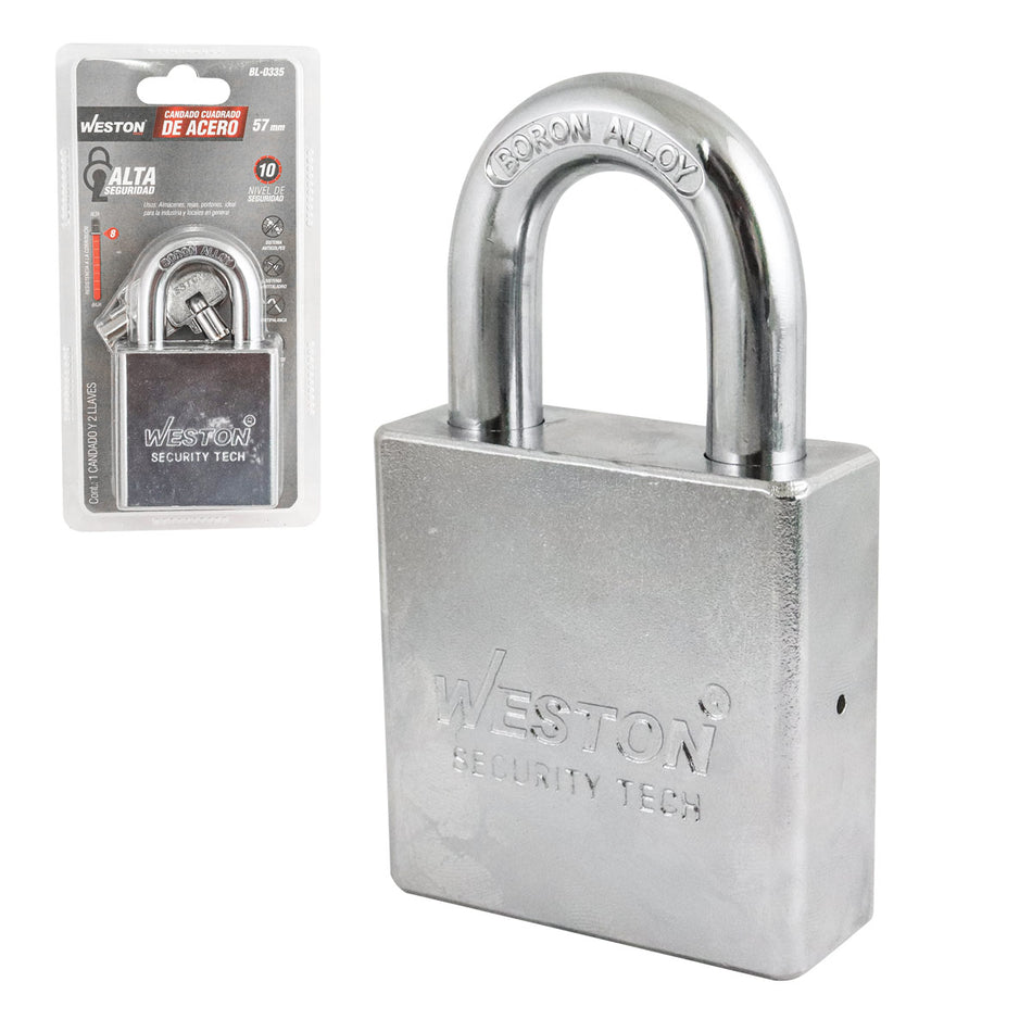 CANDADO CUADRADO D/ACERO GANCHO D/BORO D