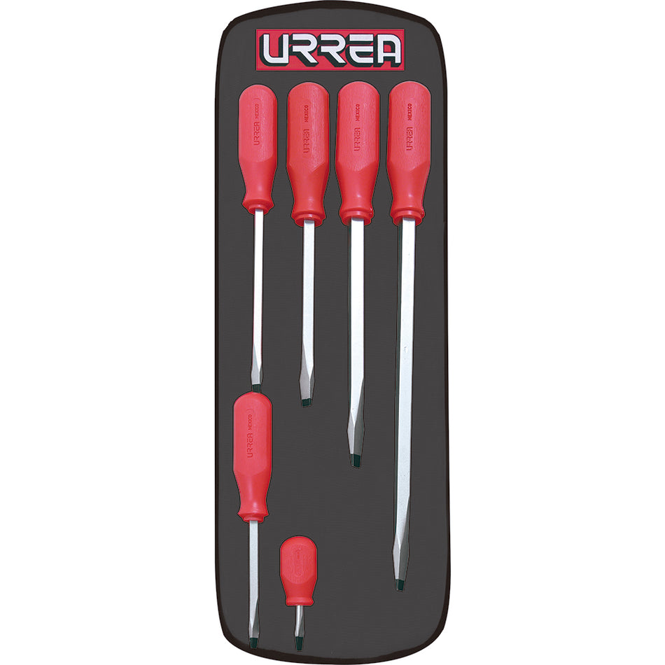 Juego de destornilladores con mango rojo, combinados, 6 piezas en estuche Urrea 9800AR