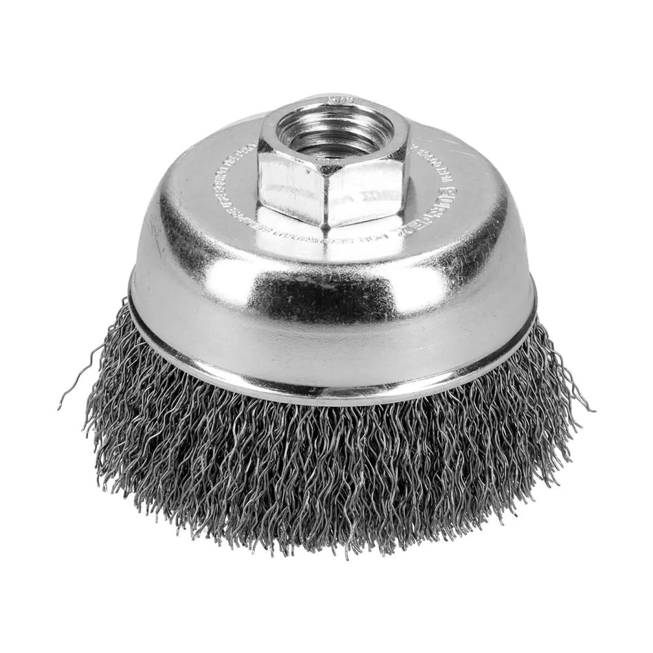 Carda copa trenzada alambre delgado acero inoxidable 5" x 0.30 mm con rosca M14 Surtek C605