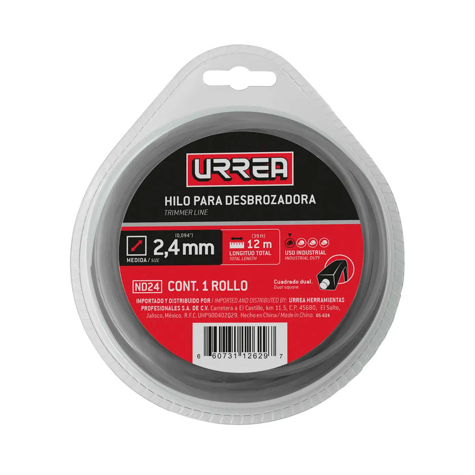 Nailon cuadro dual para desbrozadora doble blister, 2.4 mm x 12 m Urrea ND24
