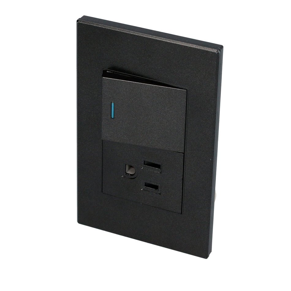 Placa 1 Interruptor 1 contacto 1/2, línea Premium, color negro Surtek P624N