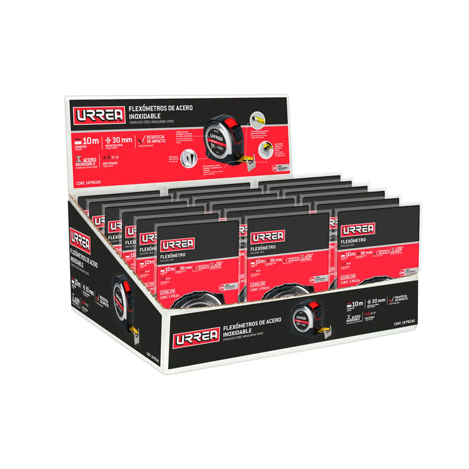 Caja despachadora con flexómetros carcasa de acero inoxidable combinados, 18 piezas Urrea DFLEXUM