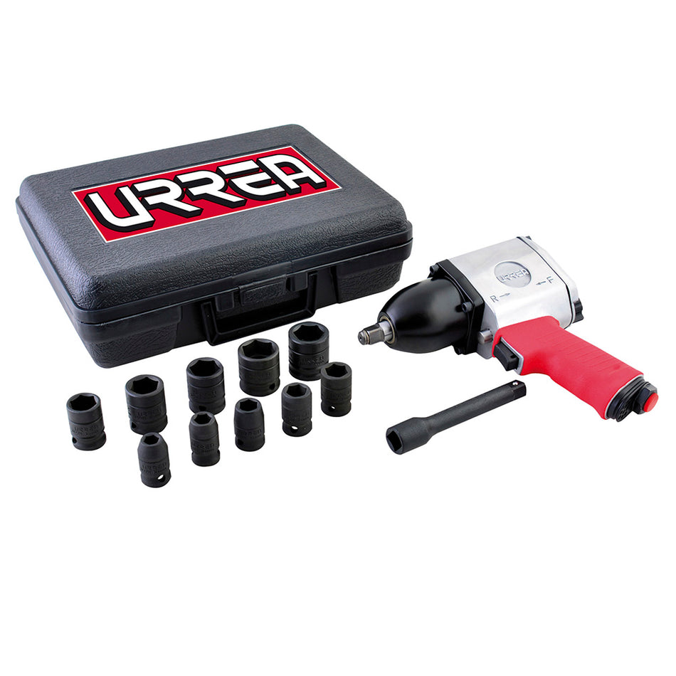 Juego de pistola de impacto neumática cuadro de 1/2" y accesorios en pulgadas, 13 piezas Urrea UP734HK