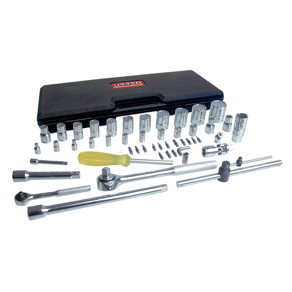 Juego de dados y accesorios cuadro de 1/4" y 1/2" en pulgadas, 50 piezas Urrea 4754P