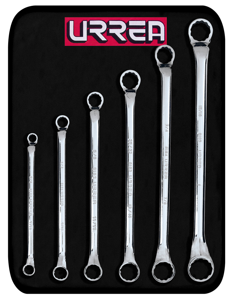 Juego de llaves de estrías pulido espejo de 45° en pulgadas, 12 puntas, 6 pz en estuche Urrea 8100C