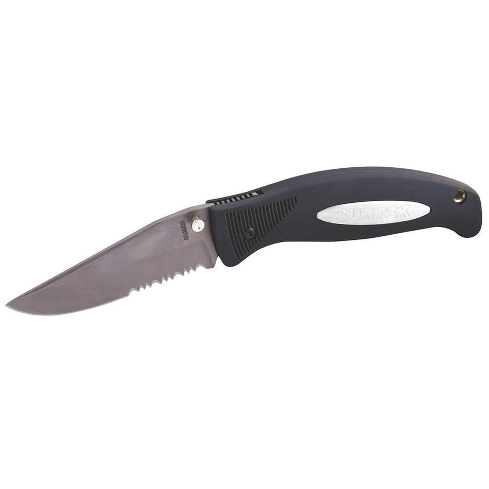Navaja abatible de acero inoxidable con mango de plástico hoja dentada de 3-1/4" Surtek 120556