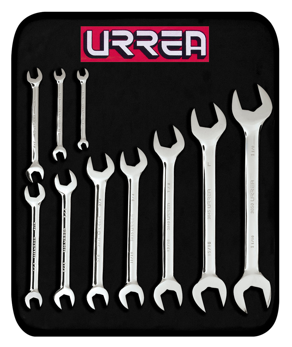 Juego de llaves españolas pulido espejo en pulgadas, 10 piezas, en estuche Urrea 3000H