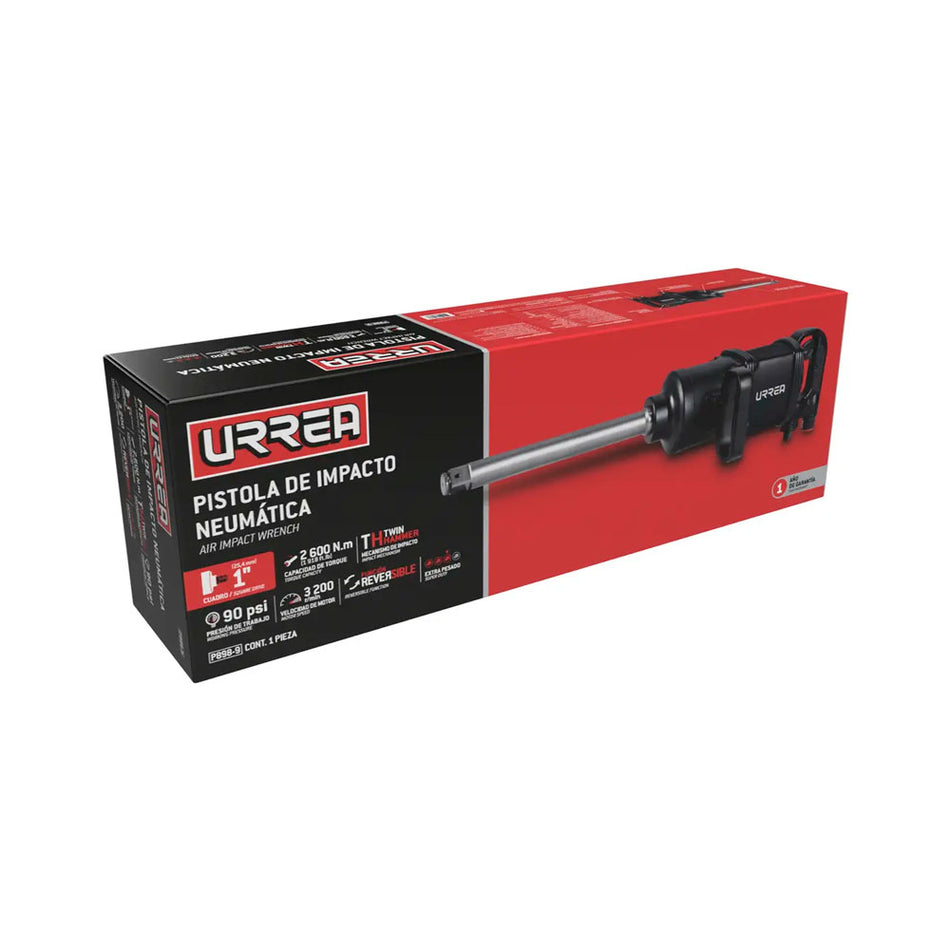 Pistola de impacto neumática cuadro de 1" 1,660 Ft-lb con extensión 9" sistema twin hammer Urrea P898-9