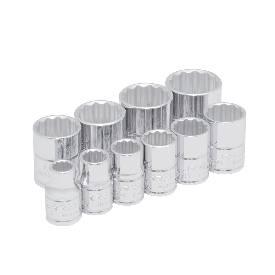 Juego de dados cuadro de 3/8", 12 puntas, en pulgadas, 10 piezas Urrea 52118