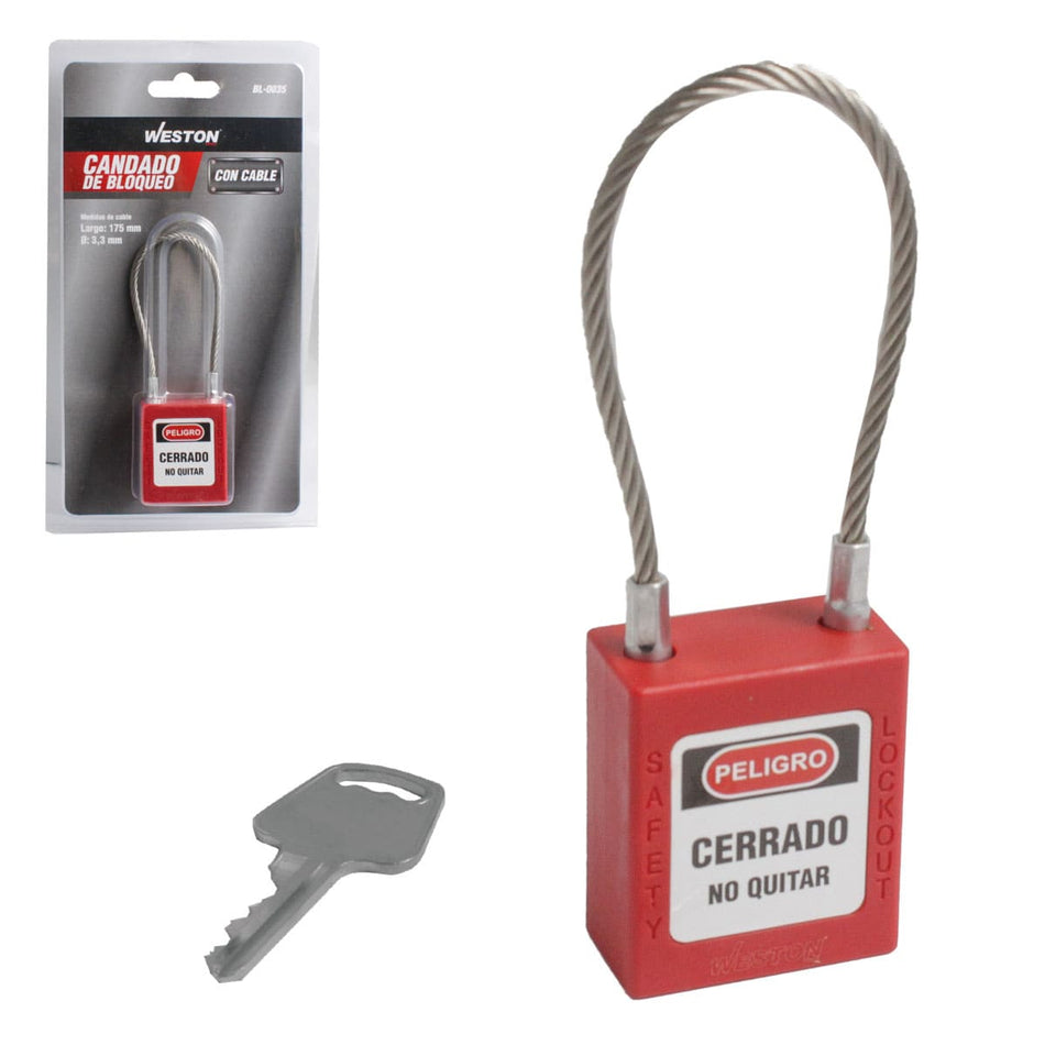 CANDADO DE BLOQUEO ROJO CON CABLE 175MM