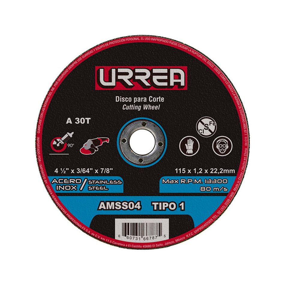Disco abrasivo tipo 1 para acero inoxidable 4-1/2" x 3/64" Urrea AMSS04