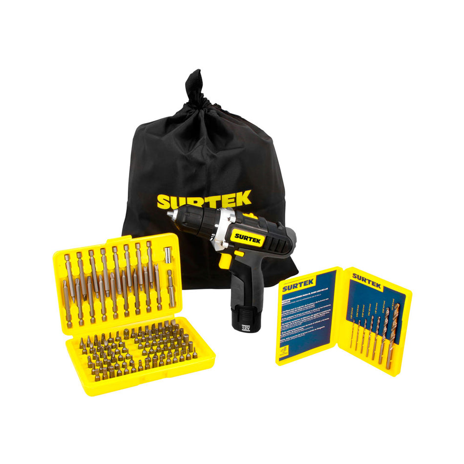 Juego de taladro y atornillador a batería Li-ion 12 V, 4 piezas en morral Surtek JTI4